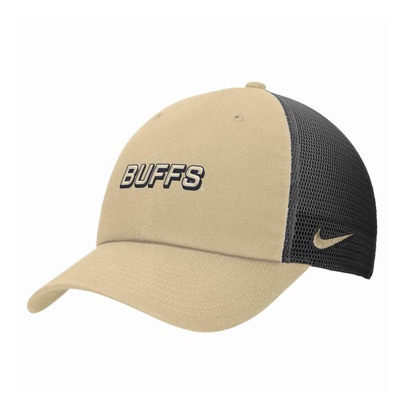 Side view of black and white Nike baseball hat with "BUFFS" embroidered in gold and white on the front and a black Nike Swoosh on the white mesh side panel.